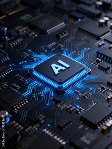 AI chip on circuit board with glowing lines