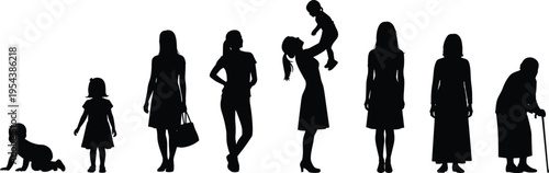 Silhouette Illustration of a Female Life Cycle Progressing From Infancy and Childhood to Motherhood Maturity and Elderly Senior Age Stages