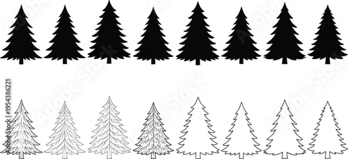 Black vector silhouette and line art set of pine trees for concepts of evergreen forests winter holidays nature and outdoor branding,