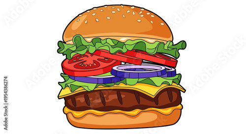 Delicious Cheeseburger with Lettuce, Tomato, and Onion, Isolated on White