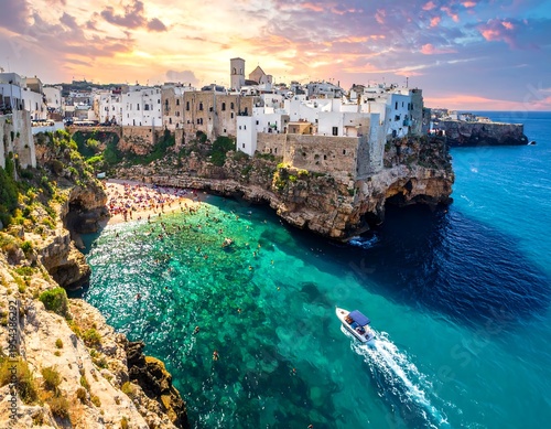 Wallpaper Mural Aerial view of a charming coastal town with white buildings, a small cove filled with swimmers, and a boat navigating turquoise waters Torontodigital.ca