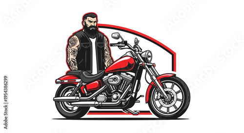 Bearded Biker with Tattooed Arms Poses with Red Motorcycle