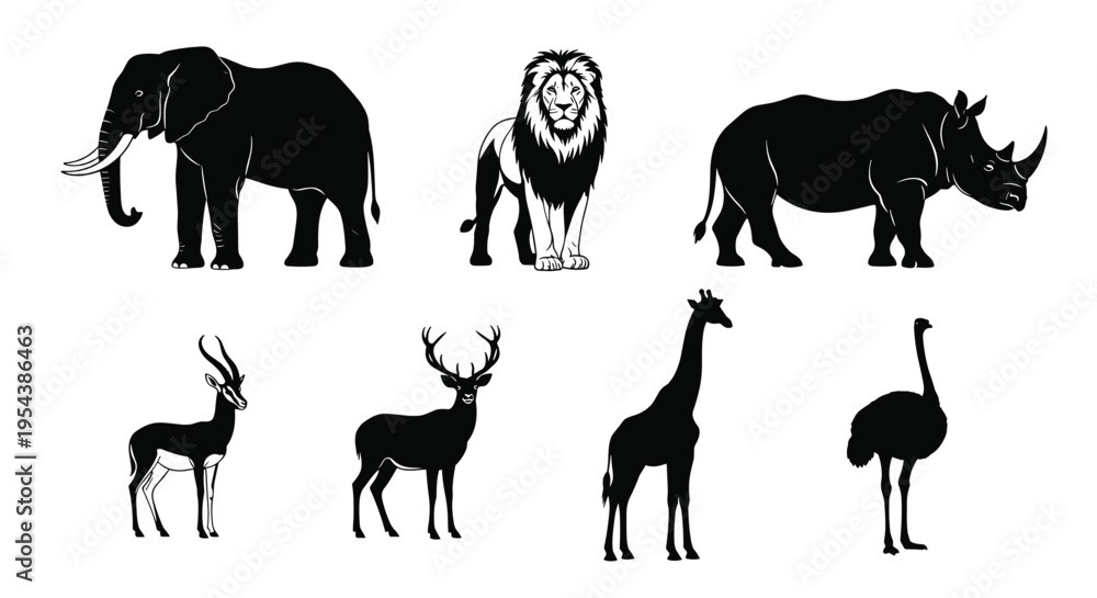 Fototapeta premium Black vector silhouette set of African safari animals for concepts of wildlife conservation zoo nature travel savannah and organic branding