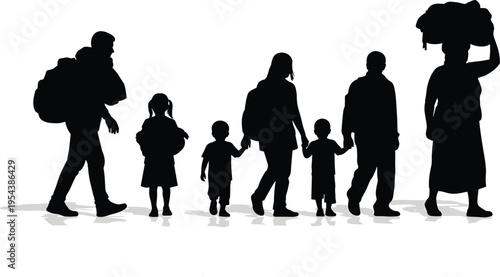 Black vector silhouette of a refugee family for concepts of migration humanitarian crisis social issues displacement human rights and immigration
