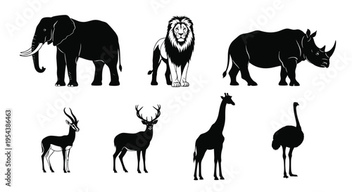 Black vector silhouette set of African safari animals for concepts of wildlife conservation zoo nature travel savannah and organic branding