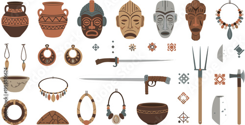 African tribal masks, weapons, pottery and jewelry set, ethnic culture traditional artifacts vector illustration collection