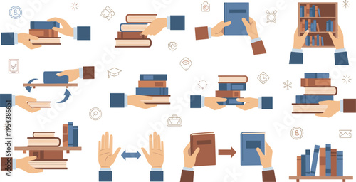 Book exchange and reading concept set with hands holding passing and sharing books, library education and knowledge vector illustration collection