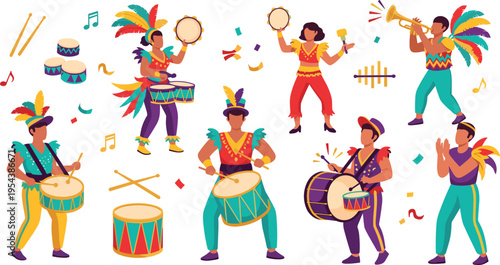 Brazil carnival dancers and musicians set with drums costumes and festive celebration, colorful samba performance vector illustration collection