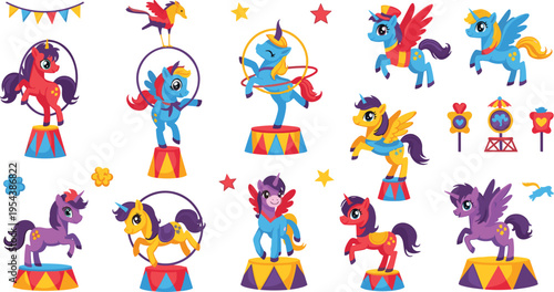 Cute circus pony set with colorful unicorn characters performing tricks, fun carnival animals with props and stages vector illustration collection for kids design