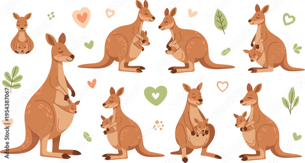 Fototapeta premium Cute kangaroo mother and baby joey set, adorable wildlife family characters with hearts and leaves vector illustration