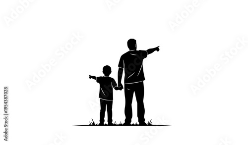 Father and son back view pointing forward together minimal black silhouette vector illustration isolated on white background