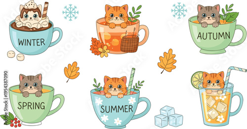 Cute kittens in seasonal cups set with winter spring summer and autumn themes, adorable cartoon cats in drinks vector illustration collection