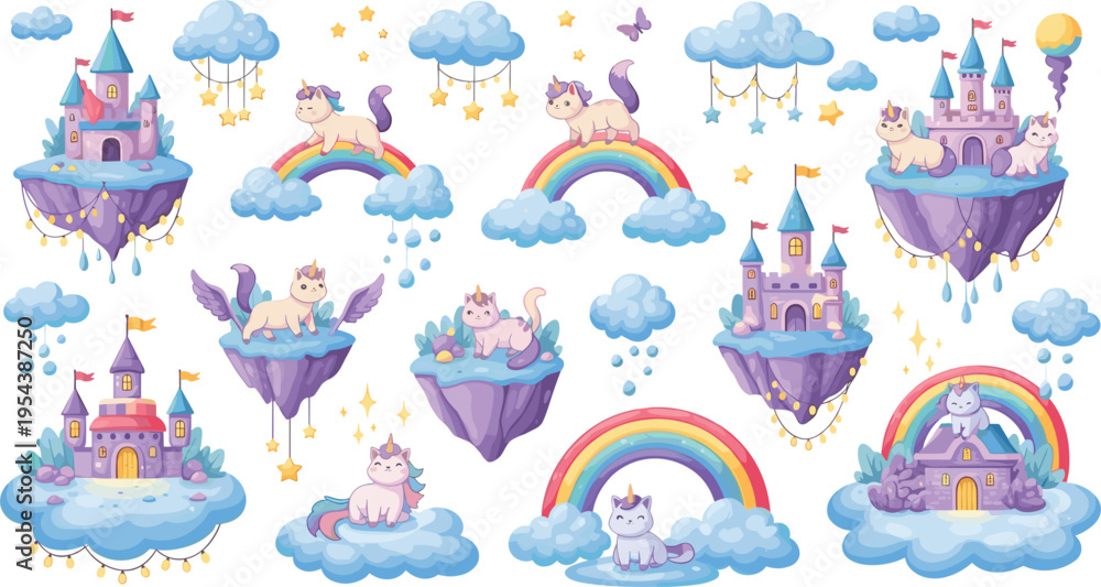 Naklejka premium Cute unicorn fantasy elements set with castles rainbows clouds and stars, magical fairytale collection for kids nursery vector illustration design