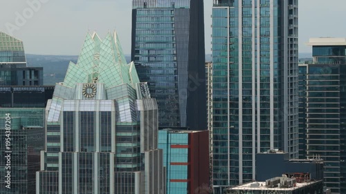 Aerial Telephoto Approach Toward Frost Bank Tower Downtown Austin Daytime