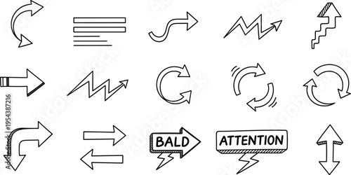 Arrow icons set vector illustration with dynamic directions zigzag motion speed lines circular rotation attention signs and navigation interface elements collection