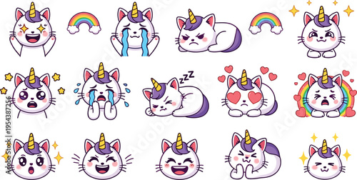 Cute unicorn cat emotions set with happy sad crying sleeping and love expressions, kawaii fantasy kitten characters vector illustration collection for kids design