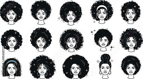 Afro hairstyles line art collection with natural curly hair diverse women portraits vector illustration