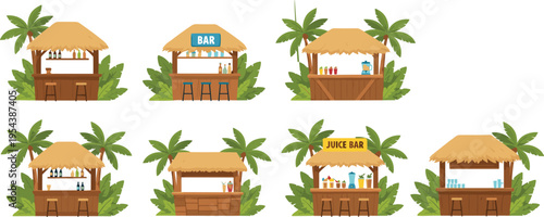 Collection of tropical beach tiki bar huts with straw roofs palm trees and juice bar stalls isolated on white background vector.