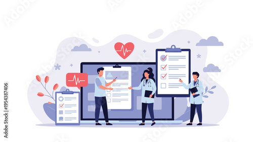Group of medical specialists reviewing digital patient records and electronic checklists on a large computer screen in a modern hospital office.