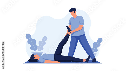 Male physiotherapist helping a woman with rehabilitation exercises and leg stretching on a mat to improve flexibility and physical wellness.