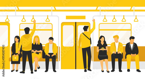 Commuters inside a subway train, flat design, yellow and white.