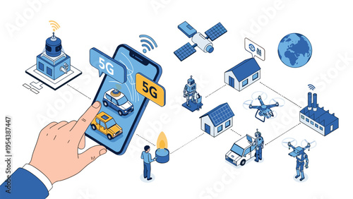Hand touching a smartphone screen featuring a smart city network with 5G connectivity for cars, industrial factories, and satellite systems.