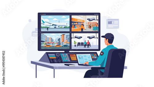 Professional security guard monitoring surveillance footage from public locations like airports and stores on a large multi-screen control panel.