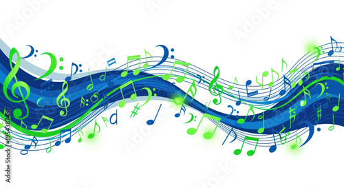 Abstract Music Notes Wave - Blue and Green Flowing Melody Background