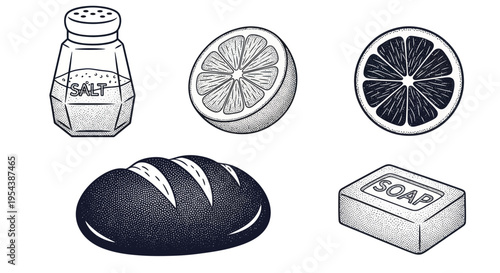 Assorted Ingredients: Bread, Salt, Lemon, and Soap - Stippled Illustration