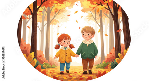 Children walking hand-in-hand through an autumn forest with falling leaves.