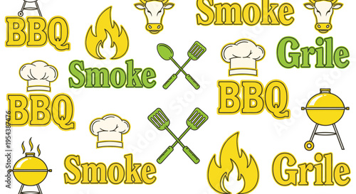BBQ Grilling Smoke Food Party Celebration Icons and Text Elements