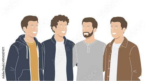 Group of four happy diverse young men friends standing together in casual autumn clothing isolated on white background vector.