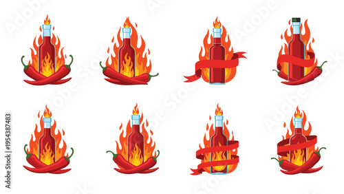 Collection of spicy red chili sauce bottles featuring flames and ribbons to represent different intense heat levels and hot flavor profiles.