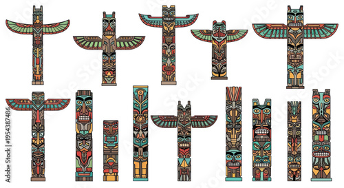 Collection of Diverse Indigenous Totem Poles, Artistic Native American Carvings