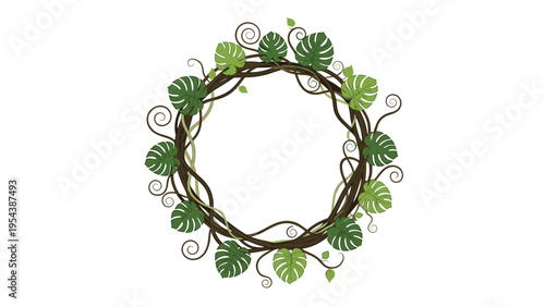 Round decorative frame composed of tangled forest vines and exotic green tropical leaves isolated on a clean white background for design.