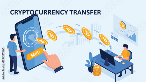 Digital representation of cryptocurrency transfer showing golden bitcoin coins flying out of a mobile phone toward a laptop user for payment.