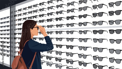 Young woman with a backpack browsing a wide selection of fashionable sunglasses on a display wall in a modern eyewear boutique or shop.