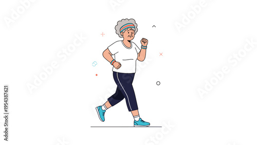 Active senior woman with gray hair jogging outdoors in sportswear and a headband to maintain physical health and wellness during retirement.