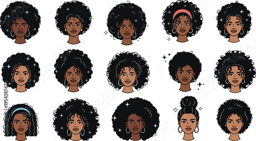 Afro hairstyles line art collection with natural curly hair diverse women portraits vector illustration