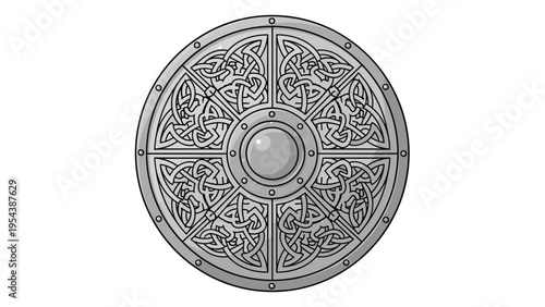Ancient round metal shield featuring intricate celtic knot patterns and a polished central dome for defense and historical combat protection.