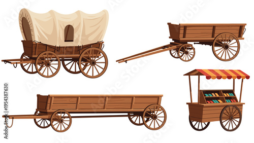 Set of vintage wooden wagons, transport carts, and market stalls with striped awnings used for selling goods in traditional historical markets.