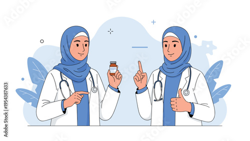 Two Muslim female doctors in white coats and hijabs holding a medicine bottle and giving health advice with a positive thumbs up gesture.