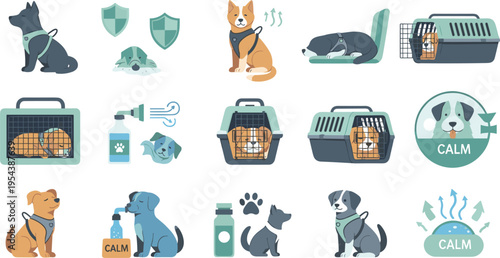 Dog anxiety and calming training set with pet carrier grooming relaxation and behavior care, veterinary and pet wellness vector illustration collection