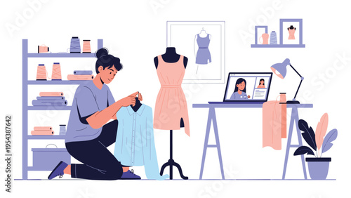 Fashion designer working in a creative studio with mannequins and sewing supplies while conducting an online video call on a laptop computer.