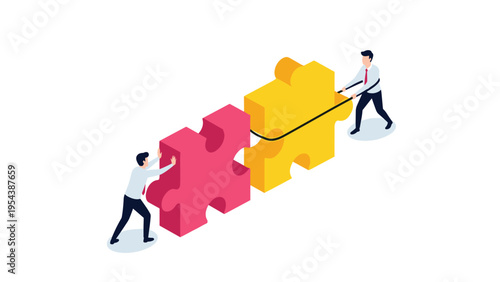 Two businessmen collaborating to connect giant colorful puzzle pieces, representing successful partnership and teamwork for business solutions.