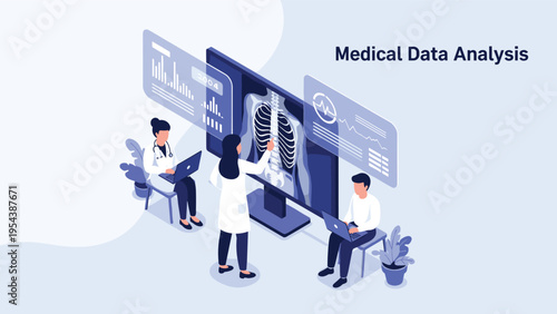 Medical professionals analyzing digital x-ray data of a human spine on a large computer screen to diagnose problems in a hospital setting.