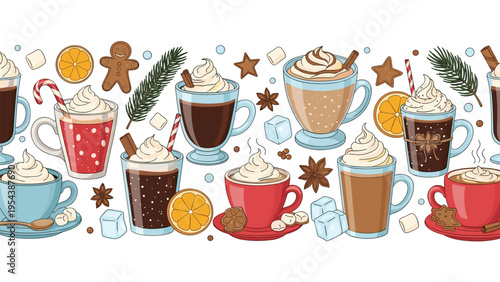 Pattern of various cozy winter drinks like coffee, cocoa, and tea topped with whipped cream and served with cinnamon sticks and orange slices.