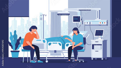 Concerned women visiting a sick patient in a modern hospital room equipped with life support systems and electronic medical monitoring devices.