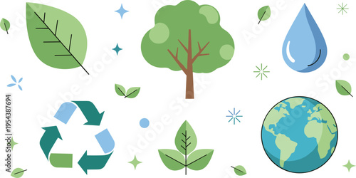 Eco friendly environment icons set with recycle symbol water earth tree and leaves, sustainability and green lifestyle vector illustration collection