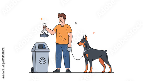 Responsible pet owner cleaning up after his dog by putting a bag of waste into a public trash can on white background.